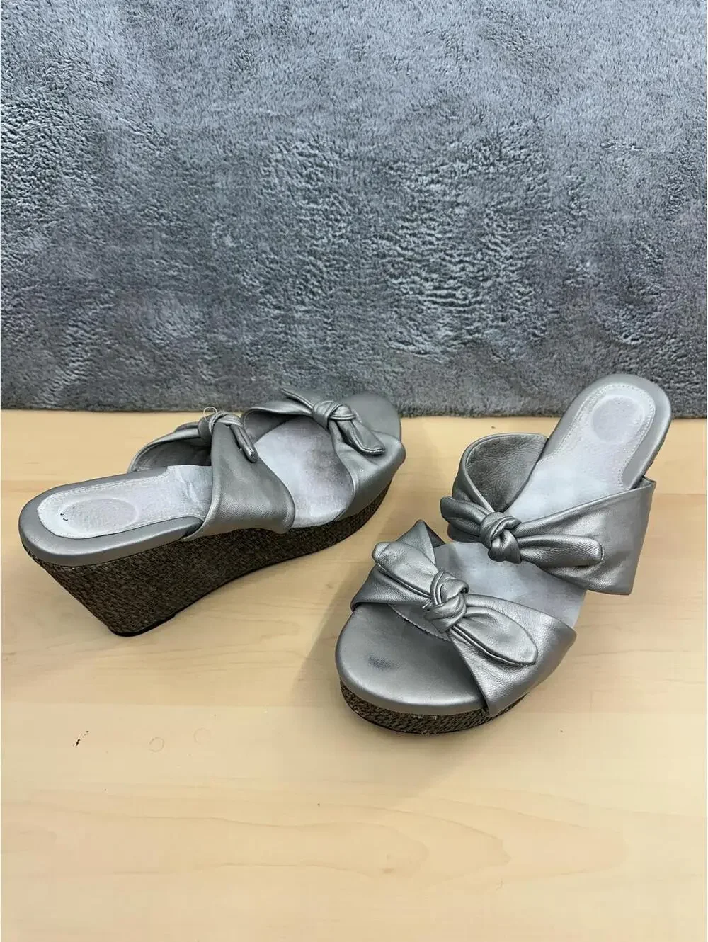 Silver Wedge Sandals with Knotted Bow Detail